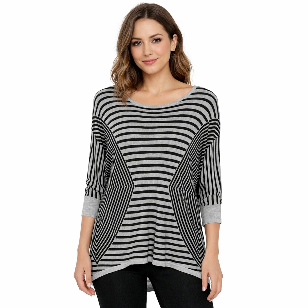 Jaclyn Smith Black White Striped Sweater Chic Geometric Panel Knit Tunic Top